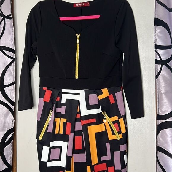 Miusol Women's Sheath Dress M Multi Geometric Exposed Zipper 3/4 Sleeve - Picture 2 of 13